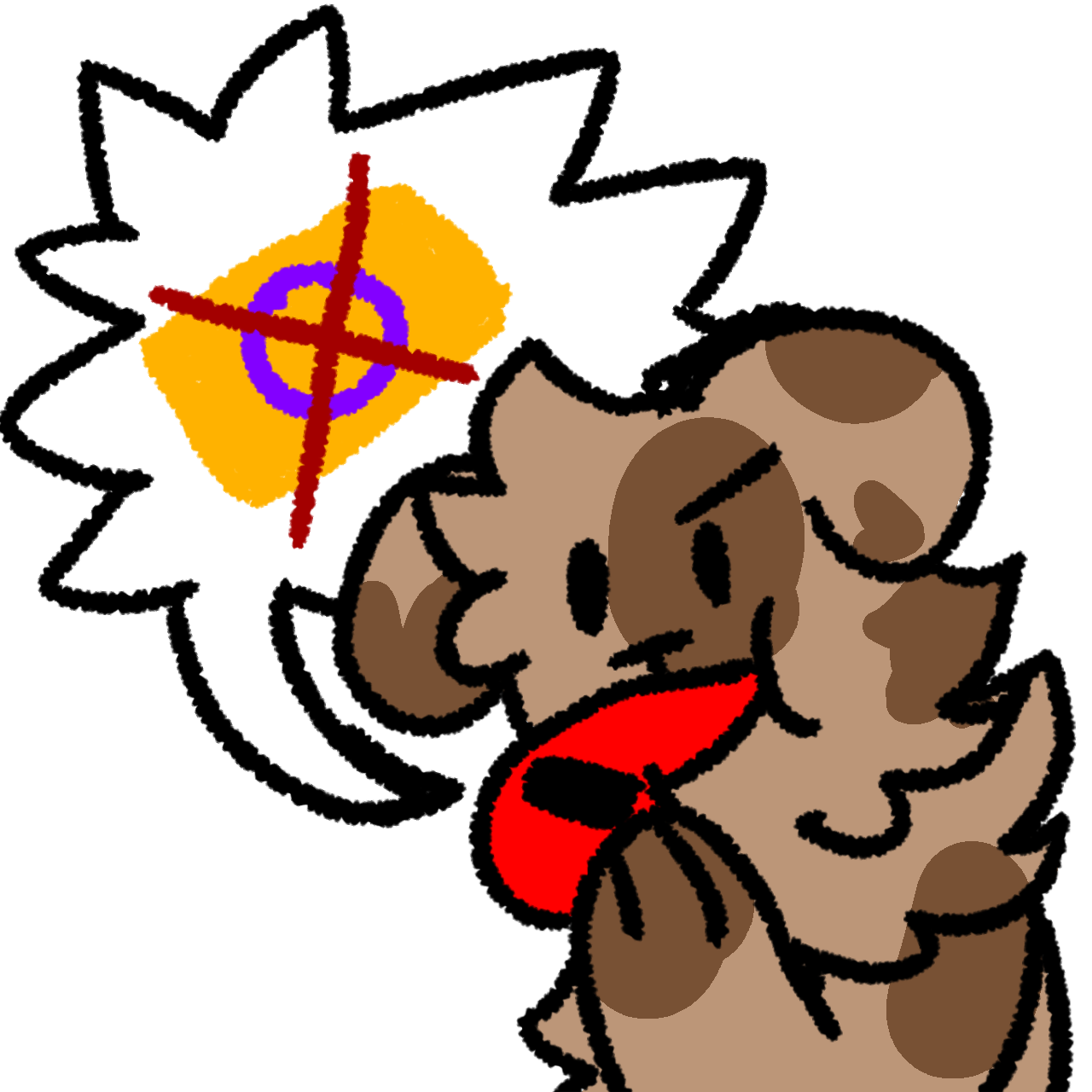 ID: a tan dog with brown spots blowing a whistle, which has a spiky speech bubble coming out of it. Inside the speech bubble is the intersex with a red X over it.